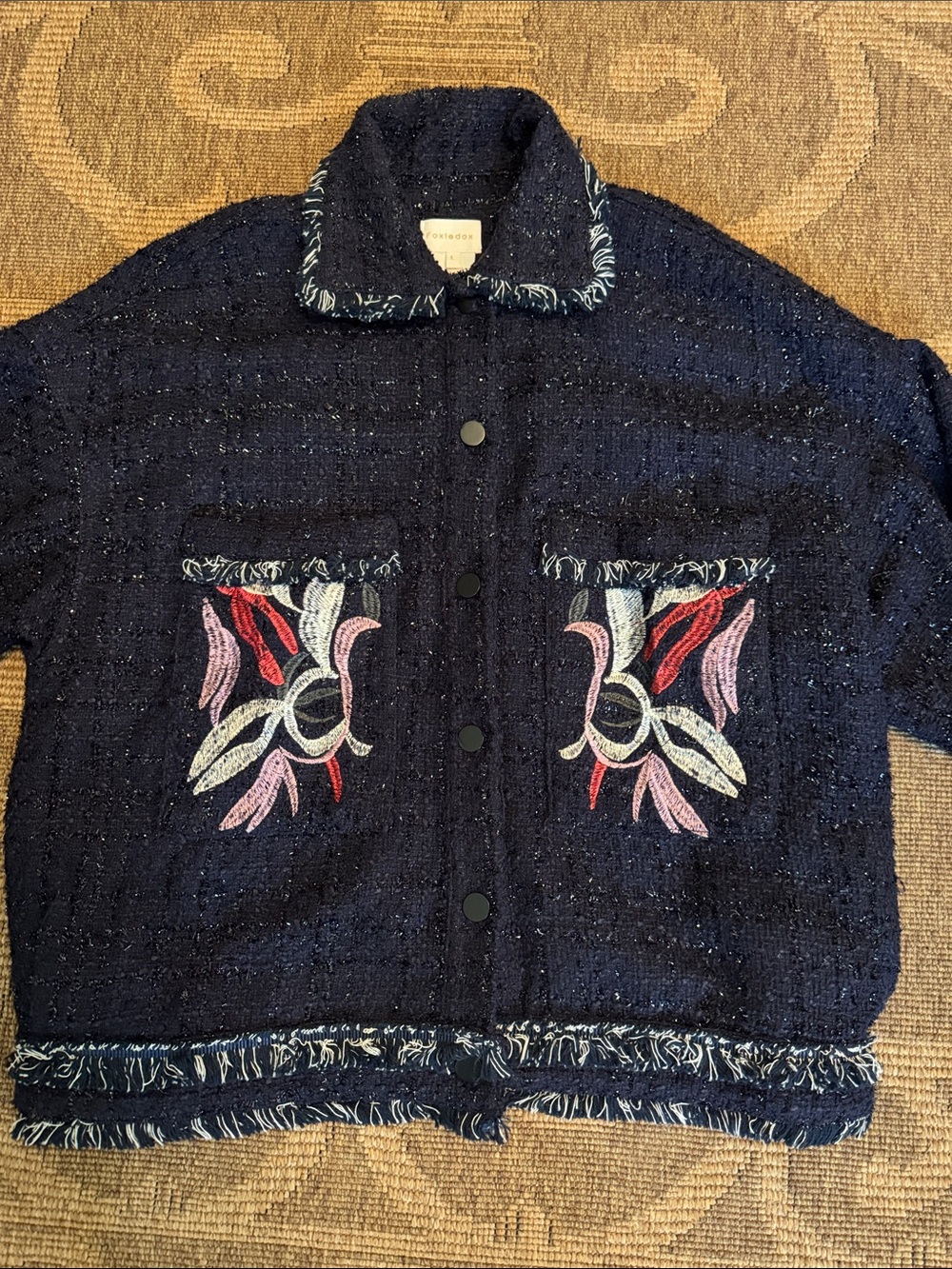foxiedox Navy Embroidered Tweed Pocket Jacket Chanel-vibes fun women’s blazer